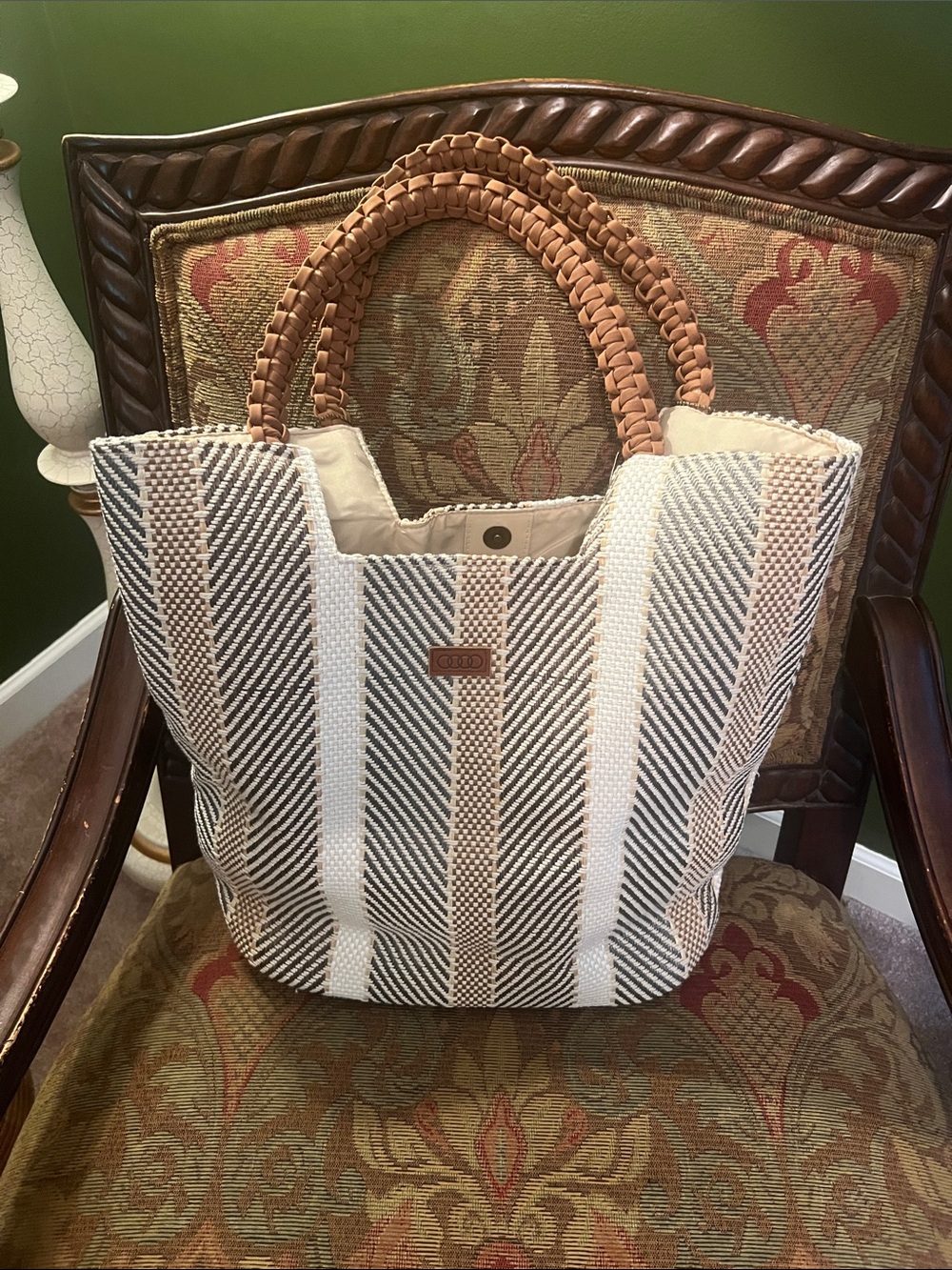 Striped Woven Tote with Braided Tan Handles - Neutral